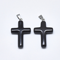 Natural Gemstone Natural Black Gemstone Pendants, with Stainless Steel Snap On Bails, Cross, Stainless Steel Color, 44~46x28x8mm, Hole: 3~4x7~8.5mm