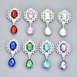 Mixed Color Alloy Flat Back Cabochons, with Acrylic Rhinestones, Oval and Teardrop, Silver Color Plated, Faceted, Mixed Color, 58x29x7mm, Pendant: 24.5x13x7mm