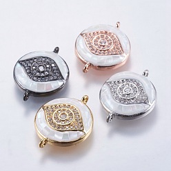Mixed Color Brass Micro Pave Cubic Zirconia Links, with White Shell, Eye, Mixed Color, 20.5x16x4mm, Hole: 1mm