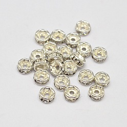 Silver Rack Plating Brass Rhinestone Bead Spacers, Rondelle, Silver Color Plated, 4x2mm, Hole: 1mm