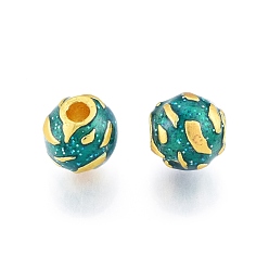 Sea Green Alloy Enamel Beads, Matte Gold Color, Round, Sea Green, 10mm, Hole: 3mm