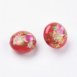 Rouge Perles de résine imprimées de fleurs, plat rond, rouge, 16.5x9mm, Trou: 2mm