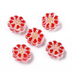 Roja Perlas de vidrio transparentes, con esmalte, flor, rojo, 13.5x13.5x7 mm, agujero: 1 mm