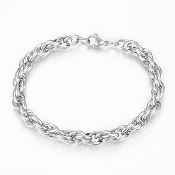 Stainless Steel Color 201 Stainless Steel Rope Chain Bracelets, with Lobster Claw Clasps, Stainless Steel Color, 9 inch(230mm)