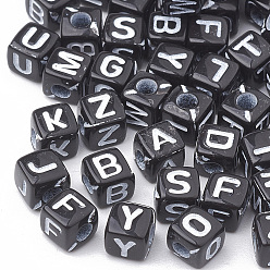 Letter Perles acryliques opaques à trou horizontal, mélange de lettres, cube, noir et blanc, lettre, 5x5x5mm, Trou: 2mm, environ5000 pcs / 500 g