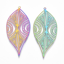 Rainbow Color Ion Plating(IP) 201 Stainless Steel Filigree Big Pendants, Etched Metal Embellishments, Leaf, Rainbow Color, 57.5x25x0.4mm, Hole: 1.2mm