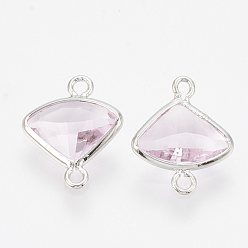 Misty Rose Glass Links connectors, with Brass Findings, Faceted Fan, Real Platinum Plated, Misty Rose, 12.5x10x3mm, Hole: 1mm