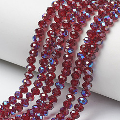 Dark Red Electroplate Glass Beads Strands, Half Plated, Blue Plated, Faceted, Rondelle, Dark Red, 3x2mm, Hole: 0.8mm, about 150~155pcs/strand, 15~16 inch(38~40cm)