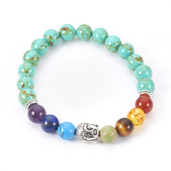Synthetic Turquoise Synthetic Turquoise(Dyed) Stretch Bracelets, Chakra Jewelry, with Mixed Stone and Resin Beads, Metal Findings and Burlap Packing, Round, Buddha, 2 inch~2-1/8 inch(5.2~5.5cm)