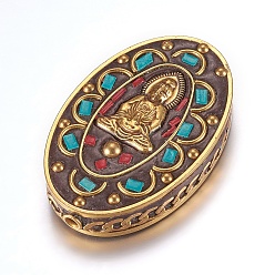 Raw(Unplated) Handmade Indonesia Beads, with Brass Findings, Nickel Free, Oval with Guan Yin, Goddess of Mercy, Raw(Unplated), 47x30x10mm, Hole: 2mm