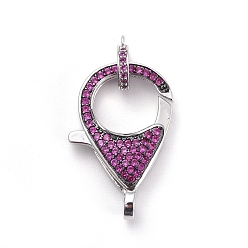 Platinum Brass Micro Pave Cubic Zirconia Lobster Claw Clasps, with Bail Beads/Tube Bails, Magenta, Platinum, Clasp: 27x17x5mm, Hole: 3mm, Tube Bails: 10x8x2mm, Hole: 1mm
