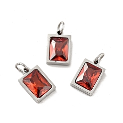 FireBrick 304 Stainless Steel Pendants, with Cubic Zirconia and Jump Rings, Single Stone Charms, Rectangle, Stainless Steel Color, FireBrick, 11.5x8x3.5mm, Hole: 3.6mm