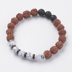 Howlite Natural Lava Rock and Rudraksha Beads Stretch Bracelets, with Wenge Wood Beads, Howlite, Coconut and Alloy Finding, 2 inch(50~52mm)