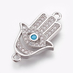 Real Platinum Plated Brass Micro Pave Cubic Zirconia Links, Long-Lasting Plated, Hamsa Hand/Hand of Fatima/Hand of Miriam, Lead Free & Nickel Free & Cadmium Free, Clear, Real Platinum Plated, 22x14x2mm, Hole: 1mm