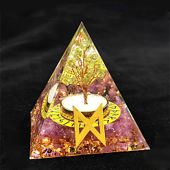 Aventurine Jaune Décorations d'affichage en résine pyramide orgonite symbole rune viking jour, avec des éclats d'aventurine jaune naturelle à l'intérieur, pour bureau à domicile, 50~60mm