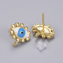 Real 18K Gold Plated Brass Stud Earring Findings, with Enamel and Plastic Ear Nuts, Long-Lasting Plated, Evil Eye, Real 18K Gold Plated, 12.5x13mm, Hole: 1.2mm, Pin: 0.9mm