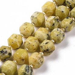 Autres Jades Brins de perles de jade sopt jaune naturel, avec des perles de rocaille, tambour à barillet bicône à facettes, 9~10mm, Trou: 1.2mm, Environ 29~32 pcs/chapelet, 14.45~14.84 pouce (36.7~37.7 cm)