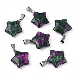 Ruby in Zoisite Star Dyed Natural Ruby in Zoisite Pendants, with Platinum Tone Brass Findings, 22~23x20~24x5~7mm, Hole: 2x7mm