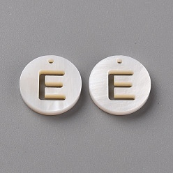 Letter E Natural Freshwater Shell Pendants, Flat Round with Letter, Letter.E, 12x1.5mm, Hole: 1mm