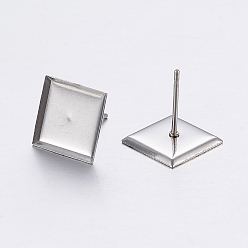 Stainless Steel Color 304 Stainless Steel Ear Stud Findings, Square, Stainless Steel Color, Tray: 10x10mm, 11x11x1.2mm, Pin: 0.8mm