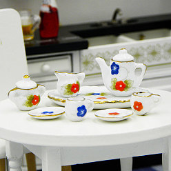 Flower Mini Ceramic Tea Sets, including Cup, Teapot, Saucer, Sugar Bowl, Cream Pitcher, Miniature Ornaments, Micro Landscape Garden Dollhouse Accessories, Pretending Prop Decorations, Flower Pattern, 8pcs/set