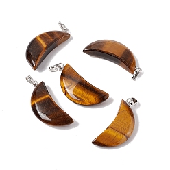 Tiger Eye Natural Tiger Eye Pendants, with Platinum Tone Brass Findings, Moon Charm, 33x15x8mm, Hole: 6x3.2mm