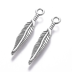 Antique Silver Tibetan Style Alloy Pendants, Cadmium Free & Nickel Free & Lead Free, Feather, Antique Silver, 29x5mm, Hole: 2mm