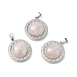 Rose Quartz Natural Rose Quartz Pendants, with Stainless Steel Color Tone 304 Stainless Steel Findings, Half Round Charm, 24.5x21x8mm, Hole: 3x6mm