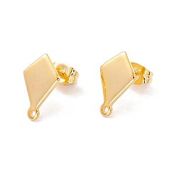 Real 24K Gold Plated 201 Stainless Steel Stud Earring Findings, with Ear Nuts and 304 Stainless Steel Pins, with Horizontal Loops, Rhombus, Real 24K Gold Plated, 13x8.5mm, Hole: 1mm, Pin: 0.7mm