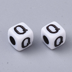 Letter Q White Opaque Acrylic Beads, Horizontal Hole, Cube with Black Alphabet, Letter.Q, 4~5x4~5x4~5mm, Hole: 1.8mm, about 6470~6500pcs/500g