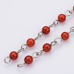 Carnelian Handmade Natural Carnelian Beaded Chains, Unwelded, for Necklaces Bracelets Making, with Iron Eye Pin, Platinum, 39.37 inch, 1m/strand