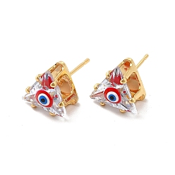 Red Glass Triangle with Enamel Evil Eye Stud Earrings, Real 18K Gold Plated Brass Jewelry for Women, Red, 10.5x11mm, Pin: 0.8mm