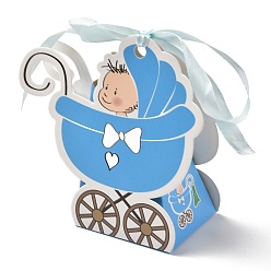 Human Forme de chariot pour bébé avec boîte d'emballage de bonbons à motif d'enfant, avec ruban, pour la boîte-cadeau de fête d'anniversaire, modèle garçon, 11x11.4x5 cm, déplier: 27.2x21.6x0.03 cm