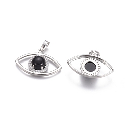 Ágata Negra Colgantes naturales ágata negro, con hallazgos de latón en tono platino y diamantes de imitación de cristal, ojo, 21.5x33.3x7.5 mm, agujero: 7x5 mm