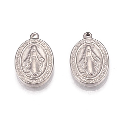 Stainless Steel Color 304 Stainless Steel Pendants, Oval with Virgin Mary, Miraculous Medal, Stainless Steel Color, 13x9x2mm, Hole: 1mm