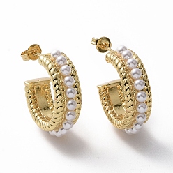 Chapado en Oro Real 18K Aretes en forma de c con cuentas de perlas de plástico abs, pendientes de medio aro de latón para mujer, real 18 k chapado en oro, 25.5x25x8 mm, pin: 0.8 mm