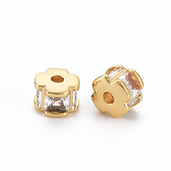 Real 18K Gold Plated Brass Clear Cubic Zirconia Beads, Nickel Free, Flower, Real 18K Gold Plated, 5.5x5.5x4mm, Hole: 1.4mm