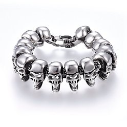 Antique Silver 304 Stainless Steel Link Bracelets, with Lobster Claw Clasps, Skull, Antique Silver, 9 inch(23cm), 25.5x14mm