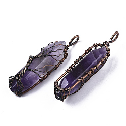 Amethyst Natural Amethyst Big Wire Wrapped Pendants, with Brass Wires, prismatic with Tree of Life, Red Copper, 48~62x14~17x13~18mm, Hole: 4x5~6mm