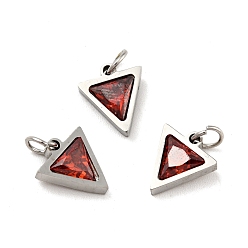 FireBrick 304 Stainless Steel Pendants, with Cubic Zirconia and Jump Rings, Single Stone Charms, Triangle, Stainless Steel Color, FireBrick, 11x9.5x3mm, Hole: 3.6mm