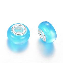 Deep Sky Blue Resin European Beads, Imitation Cat Eye, Large Hole Beads, with Silver Color Plated Brass Cores, Rondelle, Deep Sky Blue, 14x8~8.5mm, Hole: 5mm