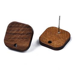 Peru Walnut Wood Stud Earring Findings, with Hole and 304 Stainless Steel Pin, Square, Peru, 16x16mm, Hole: 1.8mm, Pin: 0.7mm