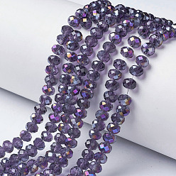 Темно-Фиолетовый Гальванизируйте прозрачное стекло бисер нитей, с половиным покрытием цвета радуги, граненые, рондель, темно-фиолетовый, 4x3 мм, отверстие : 0.4 мм, около 130 шт / нитка, 16.54 дюйм (42 см)