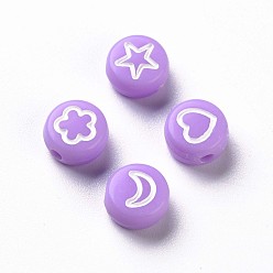Lilas Perles acryliques opaques, plat rond avec coeur blanc & fleur & lune & étoile, lilas, 7x4mm, Trou: 1.6mm