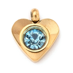 Aquamarine 304 Stainless Steel Charms, with Acrylic Rhinestone, Faceted, Birthstone Charms, Heart, Golden, Aquamarine, 8.2x7.2x3.2mm, Hole: 1mm