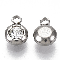 Crystal Rhinestone Charms, April Birthstone Charms, with 201 Stainless Steel, Flat Round, Stainless Steel Color, Crystal, 9x6.5x4mm, Hole: 1.8mm