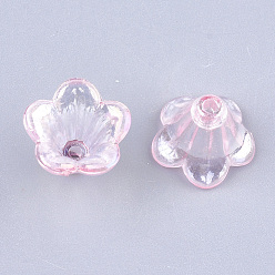 Pink Transparentes bouchons acrylique de perles, perles de fleur de trompette, couleur ab , 5 pétales, fleur, rose, 10x14x13.5mm, trou: 1.6 mm, environ 1370 pcs / 500 g