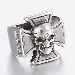 Antique Silver 304 Stainless Steel Ring Beads, Large Hole Beads, Cross with Skull Head, Antique Silver, 11.5x11.5x13mm, Hole: 8.5mm
