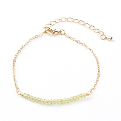 Peridot May Birthstone Natural Peridot Beaded Bracelets, with Brass Cable Chains, Faceted Round, Golden, 7-1/4 inch(18.5cm)