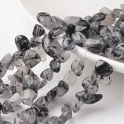 Rutilated Кварц Самородки натуральный черный Rutilated кварцевые нити бисера, упавший камень, 12~16x8~13x6~8 мм, отверстие : 1 мм, около 53 шт / нитка, 15.3 дюйм